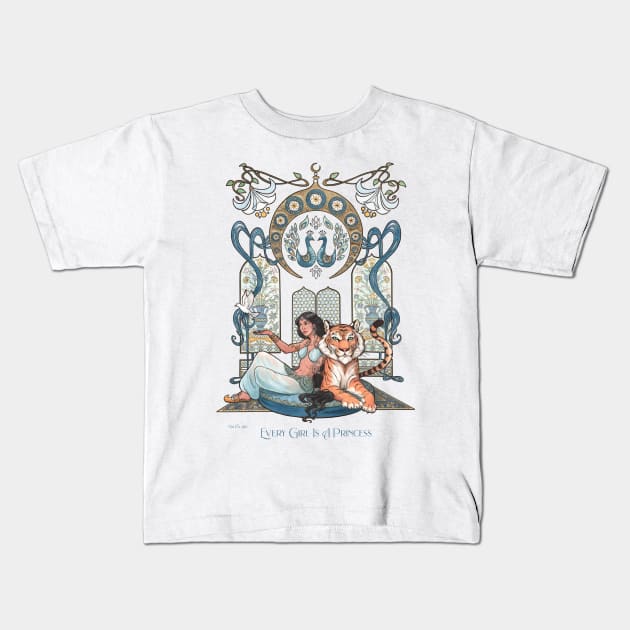 Mili Fay’s Every Girl Is A Princess: Aladdin — Jasmine and Rajah Kids T-Shirt by Mili Fay Art